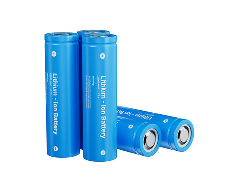 Blue rechargeable lithium-ion battery front view on a transparent background. Type 18650 lithium-ion battery.