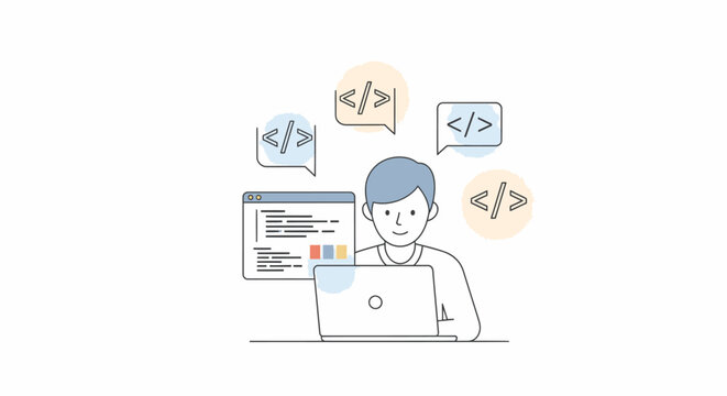Illustration of a man working on a laptop with coding symbols surrounding him on a plain white background.