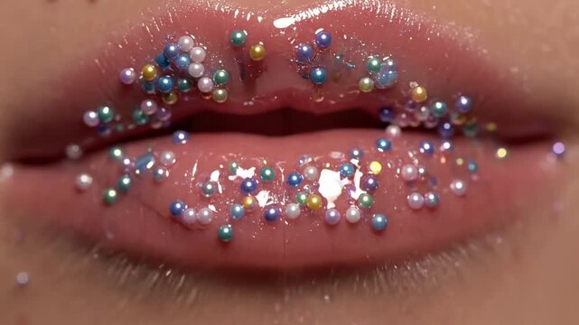 Close-up of lips adorned with colorful sparkly rhinestones and glossy lipstick