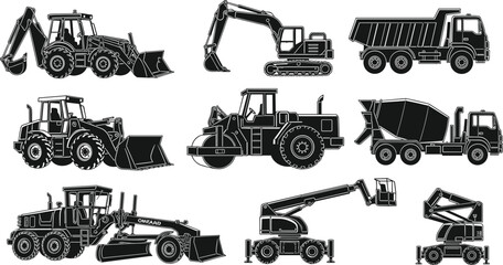 Obraz premium Collection of construction machinery silhouettes including excavator, bulldozer, loader, dump truck, crane and heavy equipment icons in detailed vector style