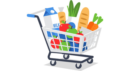 A shopping cart filled with groceries © MstParvin