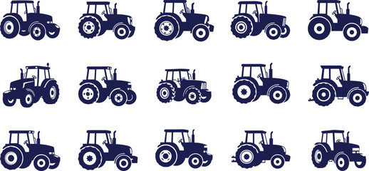 Collection of tractor silhouettes in various styles and angles representing agricultural machinery, farming vehicles, and rural equipment in clean vector illustration © KagenChandro