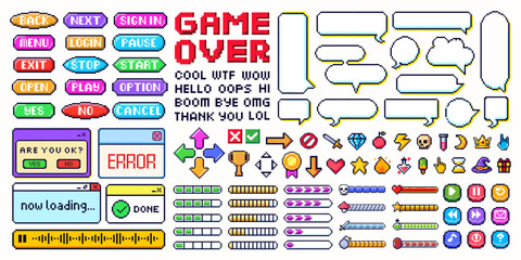 Obraz premium Set of pixel video game element with comic speech bubble for mobile and computer. Halftone gaming icon. 8 bit sport art, menu button, y2k sticker, message frame or dialogue box for cyberspace business