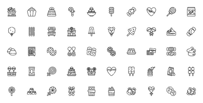 Candyshop icon set. Sweet treats vector collection. Includes candy, lollipop, chocolate, cupcake, jelly beans, cotton candy and more. Editable line icons.