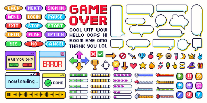 Set of pixel video game element with comic speech bubble for mobile and computer. Halftone gaming icon. 8 bit sport art, menu button, y2k sticker, message frame or dialogue box for cyberspace business