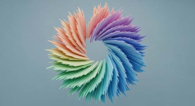 Abstract rainbow circle with feathery petals on a muted blue background, gradient color spectrum, creative design element