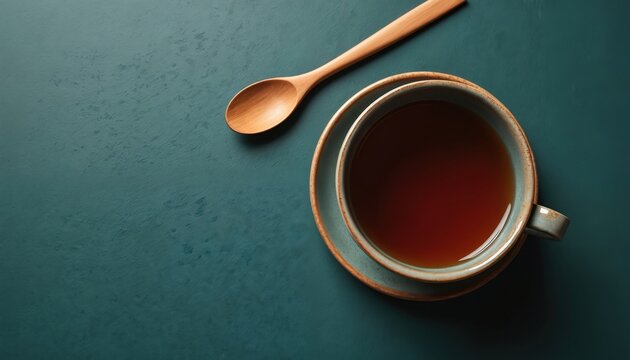 Overhead view of a full tea cup and wooden spoon resting on a dark teal textured surface. This simple still life invites calm and relaxation, perfect for cozy moments.
