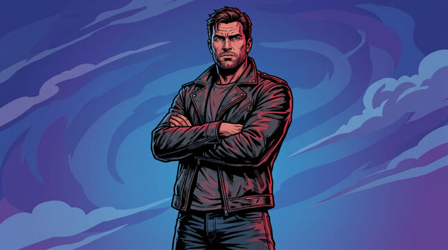 Man in Leather Jacket Standing Confidently.