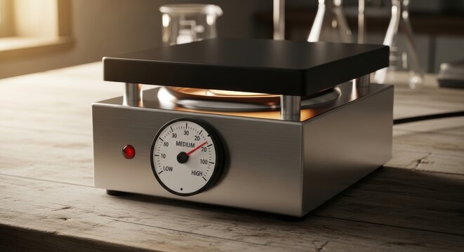 Hot plate with temperature dial set to medium heat