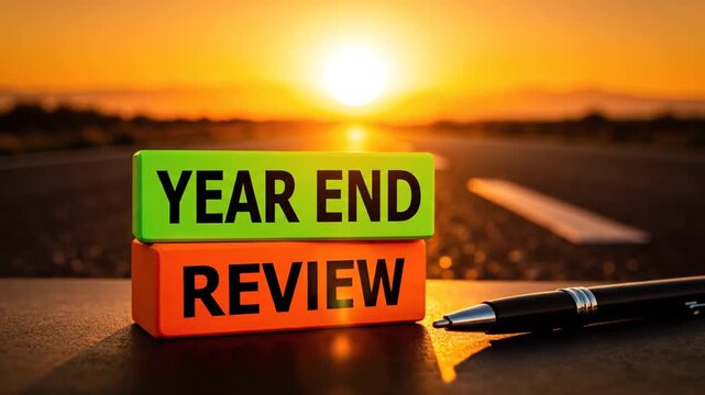 A pen lies next to colorful blocks spelling Year End Review on a table at sunset.