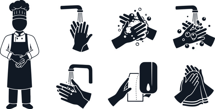 Chef and hand washing process icons on transparent background hygiene and cleanliness in kitchen.