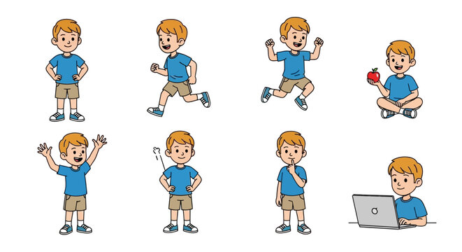 Collection of Cartoon Boy Poses and Activities.