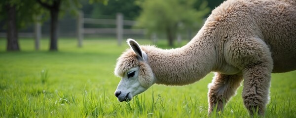 Fototapeta premium Fluffy alpaca grazes in a green meadow. This gentle South American camelid has thick wool and enjoys fresh grass. It is a farm animal often raised for fiber.
