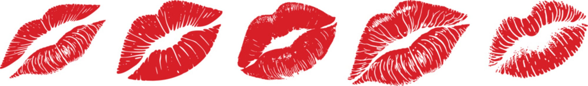 Set of red lipstick kiss marks with varied realistic lip prints isolated on light background for bold graphic design. Grunge textured smudge impressions ideal for beauty branding, posters, packaging, 