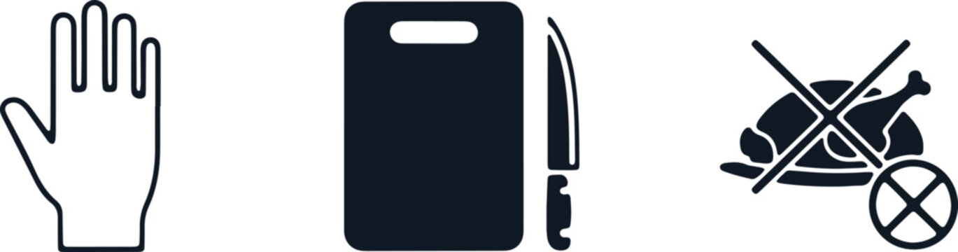 Glove, cutting board with knife, and prohibition sign over cooked chicken on transparent background.