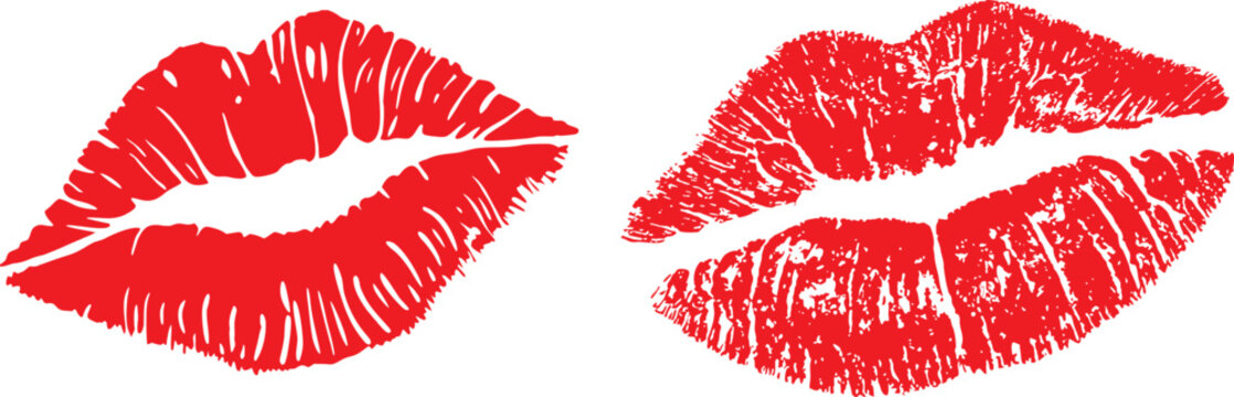 Set of red lipstick kiss marks with varied realistic lip prints isolated on light background for bold graphic design. Grunge textured smudge impressions ideal for beauty branding, posters, packaging, 