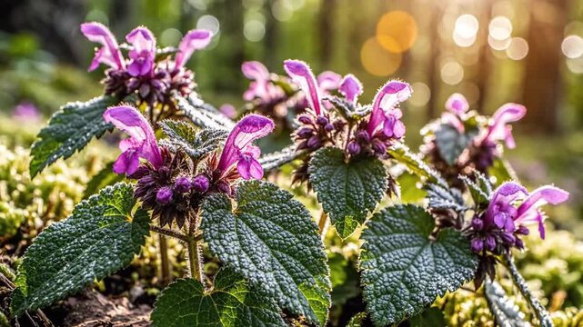 Purple dead-nettle wildflowers in sunlit forest, blooming lamium purpureum in spring woodland, medicinal herbs in natural morning light