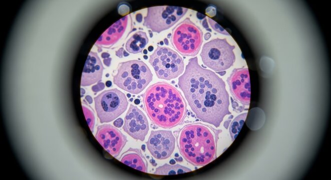 Magnified Blood Cells Under Microscope in Laboratory