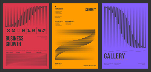 Abstract poster with line pattern. Vector set with bold typography on flat color background. Corporate template modern graphic design in red, orange and purple for business event, summit, gallery.  © Takoyaki Shop