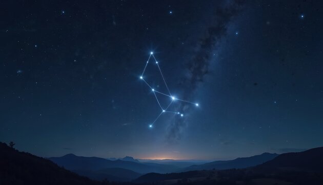 Night sky over mountains shows Canis Major constellation with bright star Sirius. Milky Way galaxy visible with distant city lights on horizon.