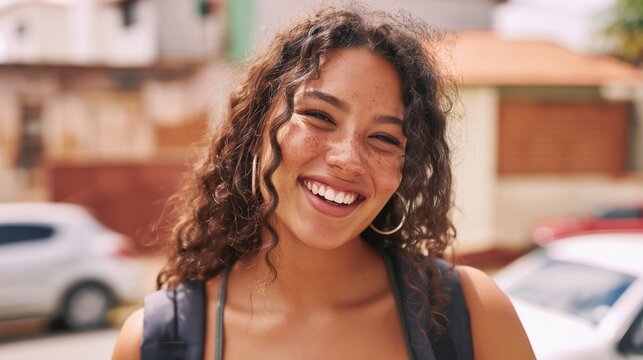 Young Woman with Curly Hair, Smiling at the Camera, in an Urban Environment.