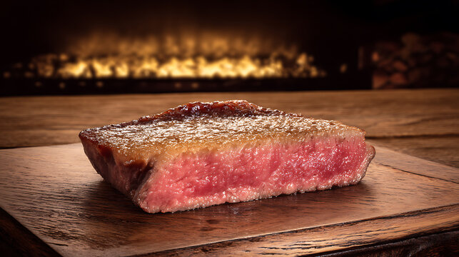 Seared steak on wooden board emphasizing precision, focus, and dedication