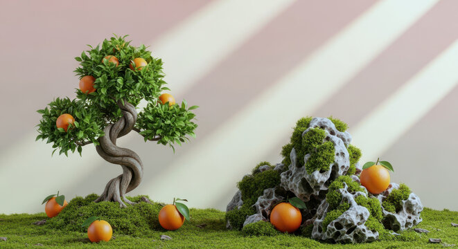 A pixelated image of a tree and rocks with fruit on them