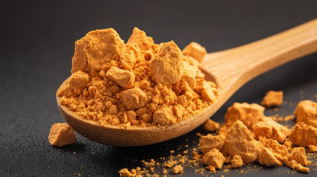Turmeric powder in a wooden spoon on a table.