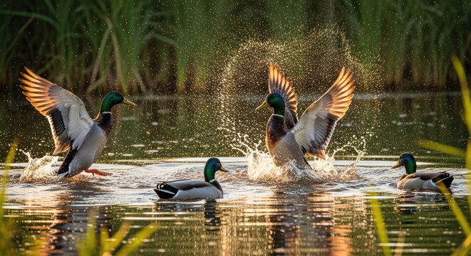 Mallard Ducks Splashing in Pond Water.