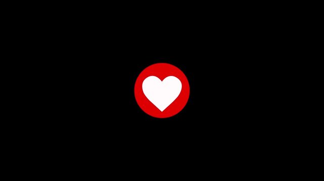Heart emoji animated emoticon heart sign. Red love icon colorful shape circle animation on black background. Heart icon transformation from outline to red filled heart animation