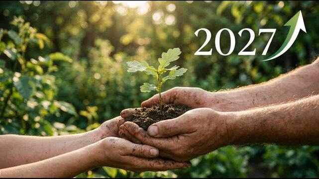 Man and woman holding small plant in hands representing New Year 2027 growth. Nature sustainability concept for environmental development and future success.
