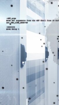 Vertical video: Commands appearing, halftone globe rotating across rack, showing system status