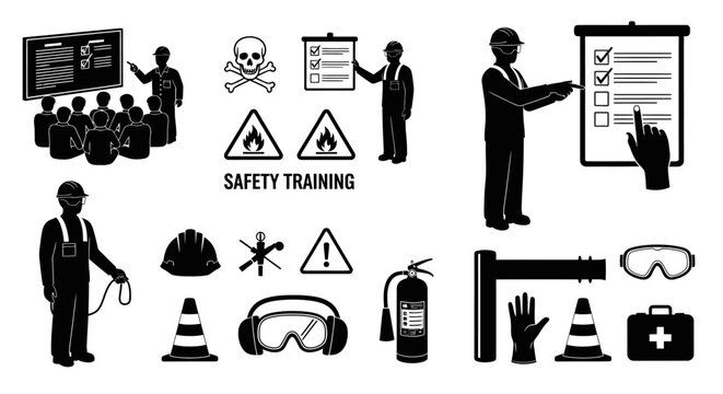 Black and white icons illustrating safety training, industrial workplace hazards, and personal protective equipment for workers.