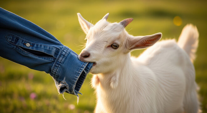 Playful White Goat Nibbling on a Persons Sleeve in a Field.