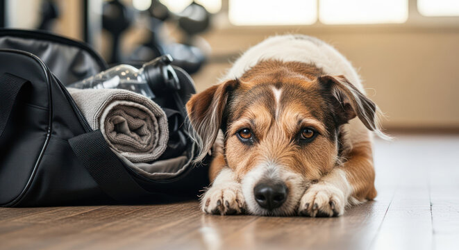 Sad dog resting next to gym bag on wooden floor.