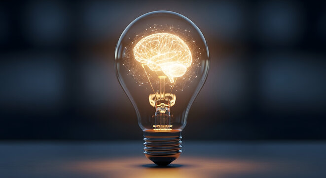 Glowing light bulb with brain inside, symbolizing creative idea and innovation. Generative AI