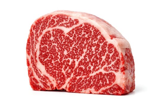 Raw Wagyu beef ribeye steak with intense marbling on white background