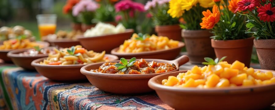 Assortment of Ecuadorian food served outdoors on decorated table. Clay bowls hold savory llapingachos, stews, vegetable dishes, complemented by vibrant potted flowers. Offers glimpse into authentic