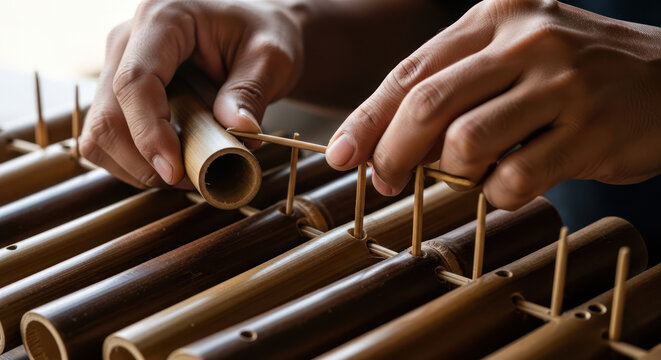 Hands Playing Angklung A Traditional Indonesian Musical Instrument.