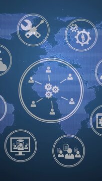 Vertical video: Two gears appearing on map, forming hub, linking users, ring growing, showing tools