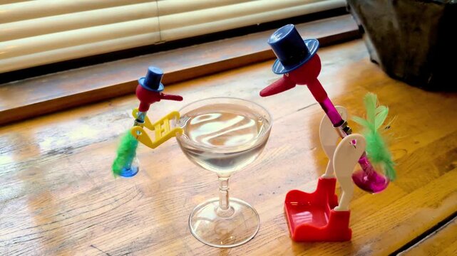 Drinking bird physics toy experiment with a glass of water