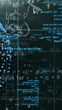 Vertical video: Tech interface revealing on data input, growing for analysis with code, math, dots