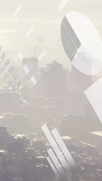 Vertical video: Sun glow initiating data overlay moving rotating stacking visualizing over skyline