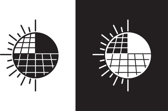 Black and white icons of a sun with a grid on it