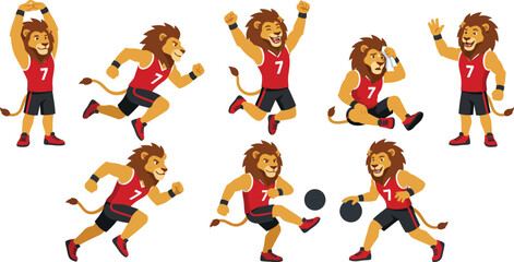 Sporty humanized lion character poses with spiky mane red athletic jersey black shorts stretching sprinting jumping for athletic mascot branding design © Madhuka Disanayaka