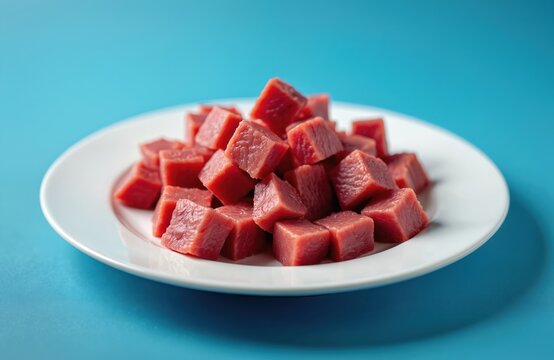 Pile of raw beef cubes on white plate. Bright blue background. Fresh meat cut into small pieces. Ready for cooking stew or steak. High protein meal preparation.