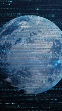 Rotating blue-tinted planet revealing clouds and land in space, with cyan nodes and data overlay