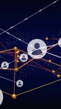 Vertical video: Main avatar emerging pulsing linking gold dots via white beams showing tech network