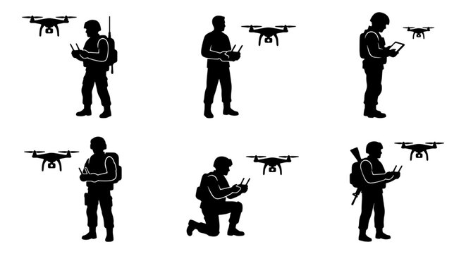 Military drone operator silhouettes, soldier controlling quadcopter icons, army surveillance technology vector set, tactical uav pilot silhouettes
