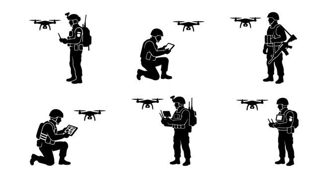 Military drone operator silhouettes set, soldiers controlling quadcopters with remote tablets, tactical surveillance and reconnaissance vector icons